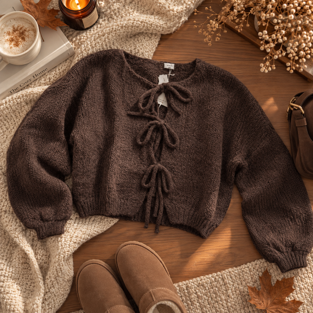 Cardigan à nœuds marron en laine & mohair