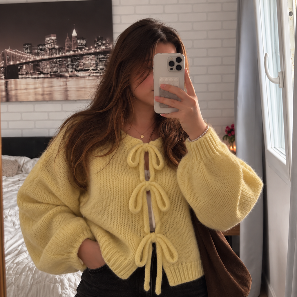 Cardigan jaune à nœuds en laine & mohair