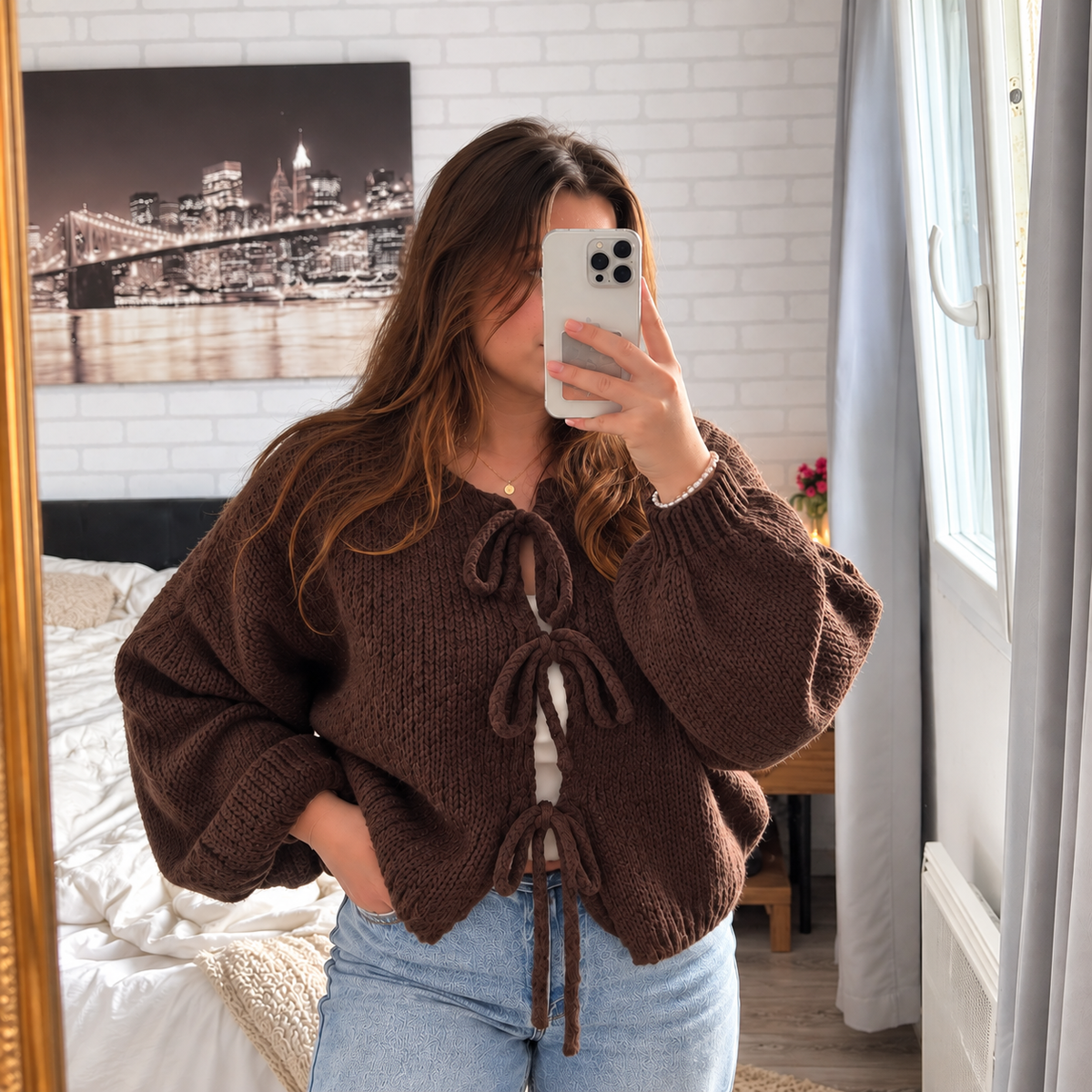Cardigan à nœuds marron en laine & mohair