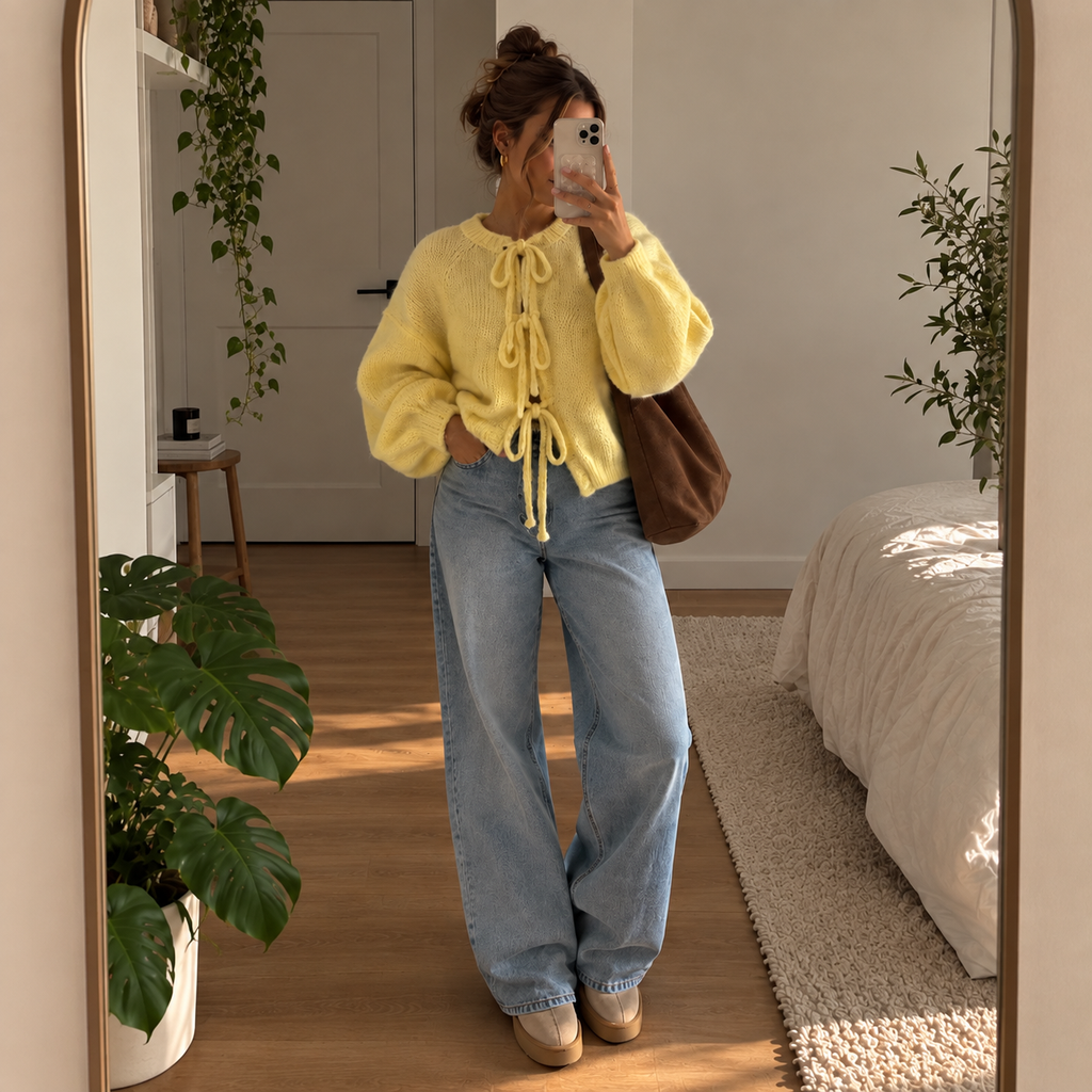 Cardigan jaune à nœuds en laine & mohair