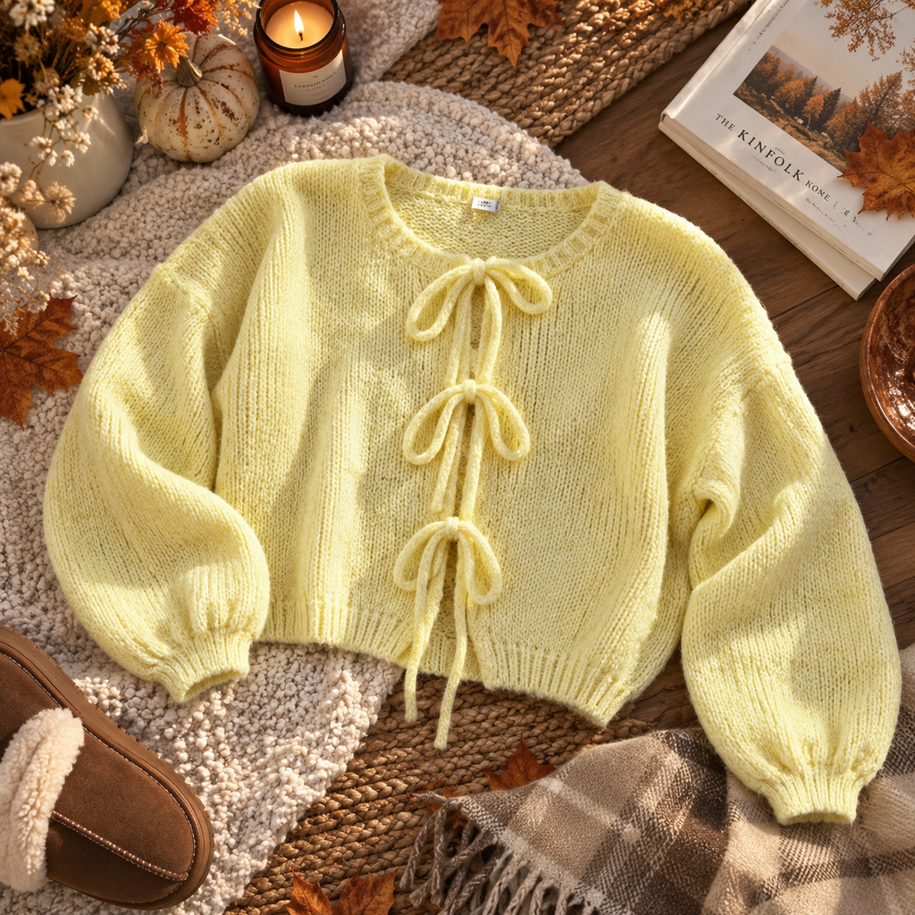 Cardigan jaune à nœuds en laine & mohair