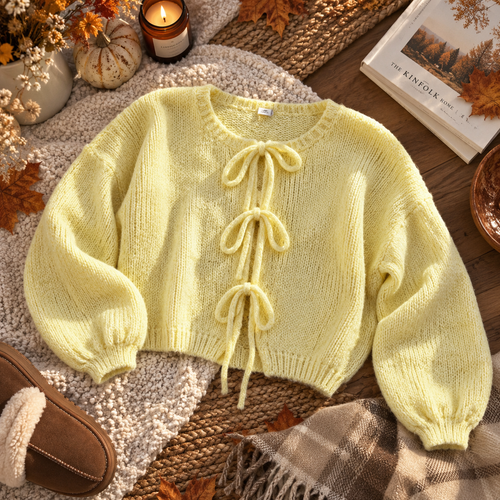 Cardigan jaune à nœuds en laine & mohair